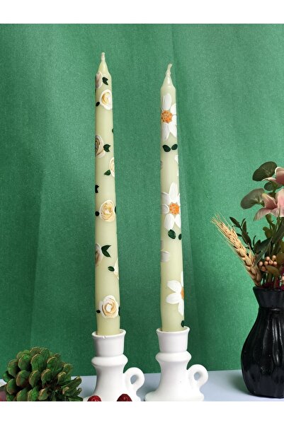 Elif Design 2’li Gül Ve Papatya Desenli El Çizimi Konik Şamdan Mumu Çiçekli M...
