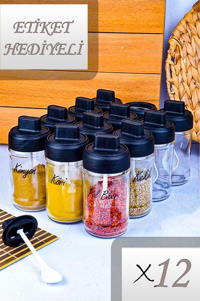 Serin Bardak 12 Pieces of Lids with Lockable Twist Label, Spice Bowl with Self Spoon and Mat Cover