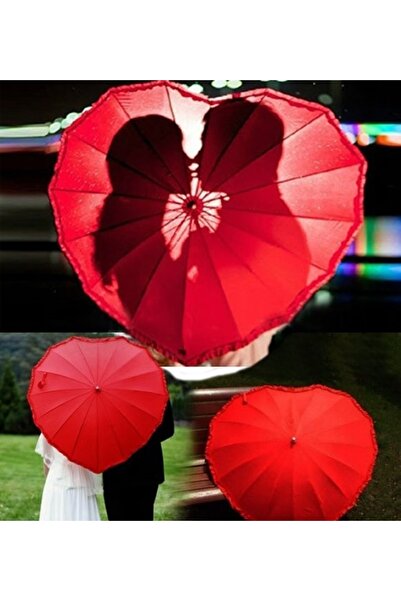 ELEVEN MARKETS Kalp Şemsiye Kırmızı Kalp Şeklinde Şemsiye Özel Tasarımlı Büyü...