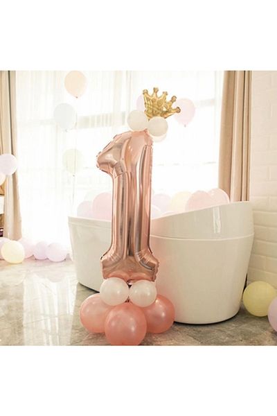 MAVİ PARTY 1 Year Rose Figure and King's Crown - Foil Balloon Birthday