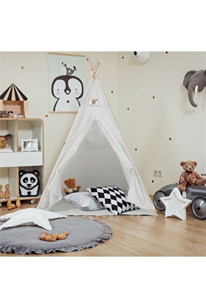 bebeğimister Pamuklu 100% Ahşap Çocuk Oyun Evi Kızılderili Çadırı Devrilmez