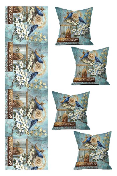 stellahomes Özel Tasarım Runner ve 4 Lü Kırlent Kılıfı Seti 5 Parça 140x40 43...