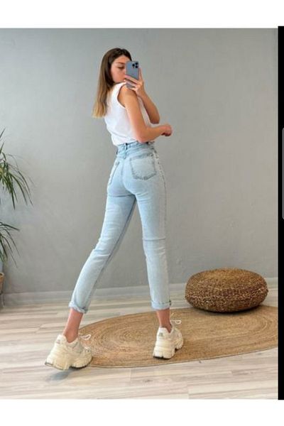 DRC trend Ice Blue Mom Jeans Lycra moale Pantaloni din denim cu talie înaltă, țesătură foarte confortabilă, rezistentă la decolorare