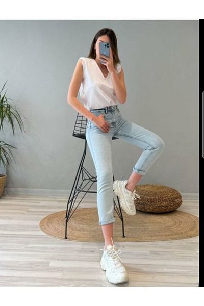 DRC trend Ice Blue Mom Jeans Lycra moale Pantaloni din denim cu talie înaltă, țesătură foarte confortabilă, rezistentă la decolorare