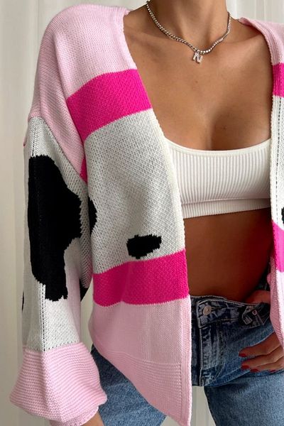 lovebox Women's Multi-Colored Balloon Sleeve Pink Knitwear Women's Cardigan 0145