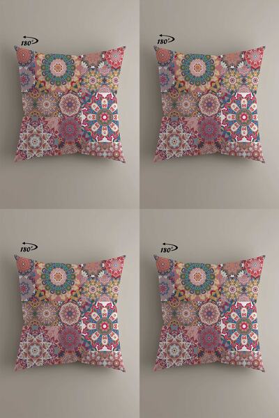 LadiesHome Etnik Mandala Pembe Tasarım Çift Taraflı Dijital Baskılı 4'lü Deko...