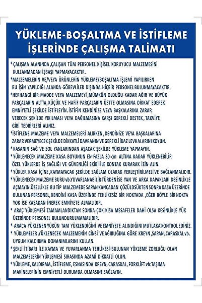 Emek İkaz Levhaları تعليمات العمل للتحميل والتفريغ والتكديس، علامة تحذير/تحذير