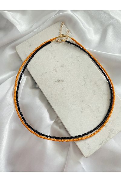 SWORDS CONCEPT Double Orange and Black Bead Necklace Set
