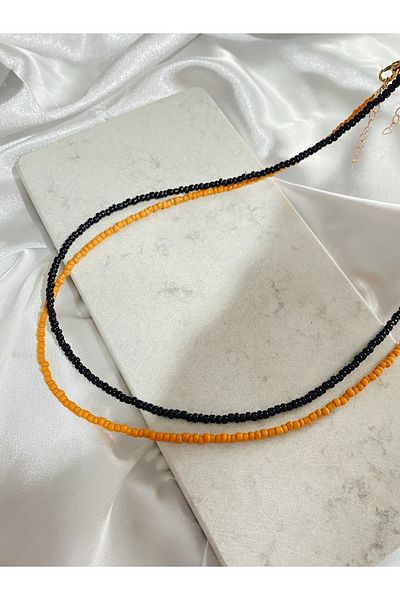 SWORDS CONCEPT Double Orange and Black Bead Necklace Set