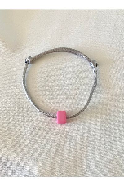 Atelier Çağla Pink Square Beaded Gray Rope Bracelet