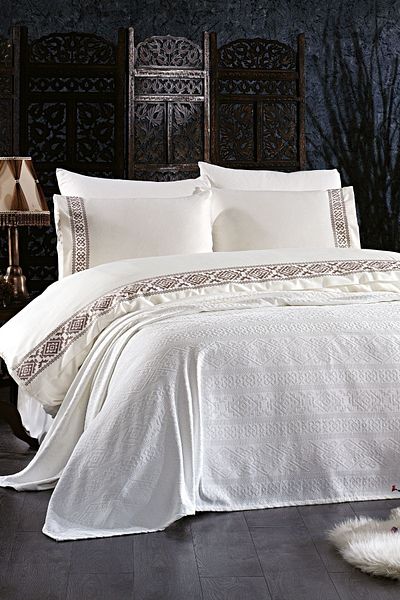 Luvana Home Asian 7 Piece 100% Cotton Chenille Κάλυμμα Κρεμαστό Σετ Παπλωματοθήκη Διπλό Κρέμα (ΜΕ ΔΩΡΟ)