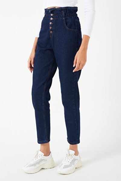 SHEVEGA Μπλε Navy ψηλόμεσο τζιν mom με λύκρα και κουμπιά.