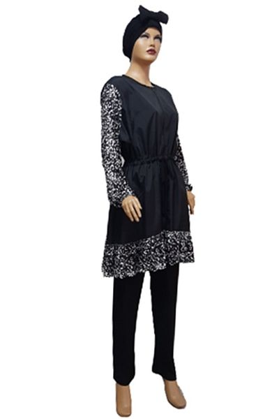 eflin Women's Clothing Black-white Leopard Ruffle Full Covered Hijab Swimsuit Including Bonnet