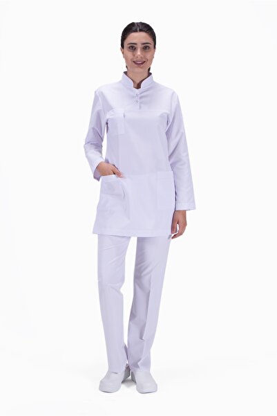 Uçak Medikal قميص ممرضة أبيض بأكمام طويلة وياقة القاضي