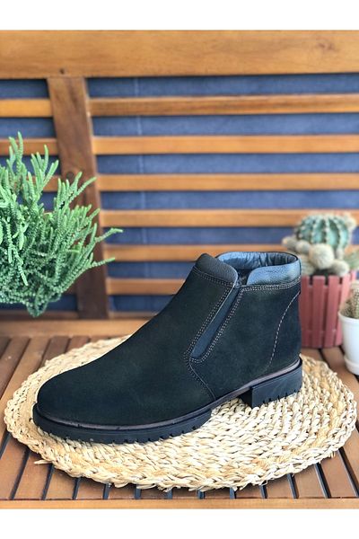 Skoonpa Genuine Leather Fur Lined Zipper Split Nubuck Khaki Men's Boots