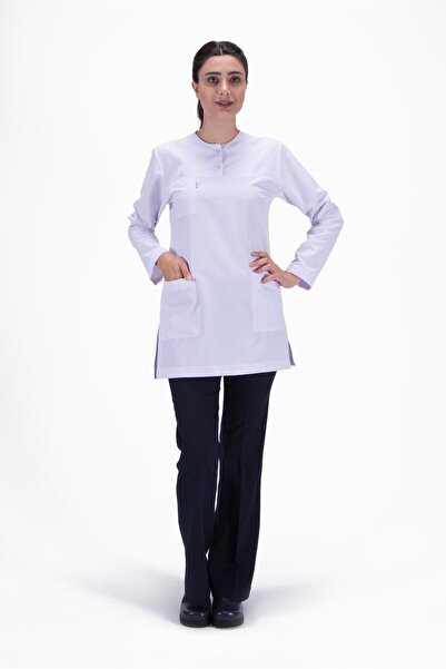 Uçak Medikal بلوزة ممرضة بيضاء طويلة الأكمام ورقبة دائرية