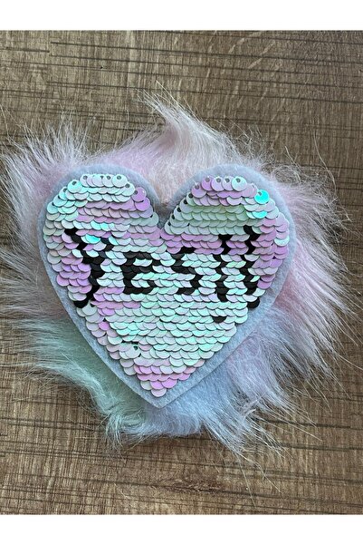 Gönülden Tasarım 8x8 Cm Pul Payetli Kalp Peluş Tüylü Aplike Arma Yama