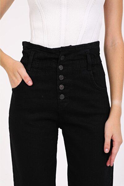 SHEVEGA Black High Waist Lycra Belt Gathered Button Detailed Mom Jean Jeans