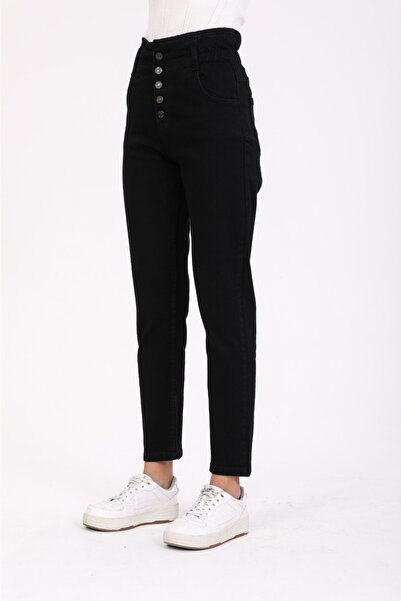 SHEVEGA Black High Waist Lycra Belt Gathered Button Detailed Mom Jean Jeans