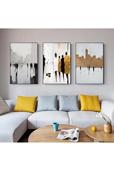 Linacci Set de picturi cu poster din sticlă cu siluetă a orașului uman, cu cadru metalic din aluminiu negru triplu