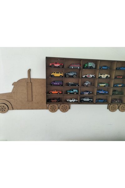 LEYLASER 87x32 Ham Mdf Çocuk Odası Ahşap Kamyon Araba Rafı 30 Arabalık