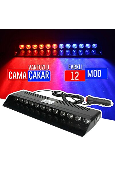 ŞüsCarOto Aksesuar S12 Cam Içi Vantuzlu Polis Lambası 12 Ledli Kırmızı Mavi Ç...