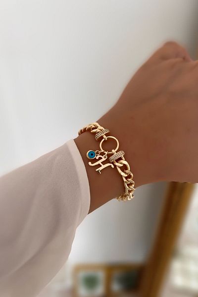 Trendy Butik سوار من حجر الزركون على شكل حرف H وسلسلة متدلية على شكل عين الشر