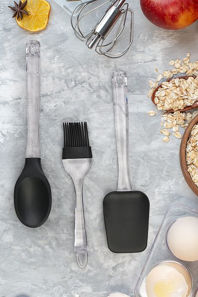 Pazarika 3 Piece Plastic Handled Silicone Spoon - Spatula - Brush Set Black