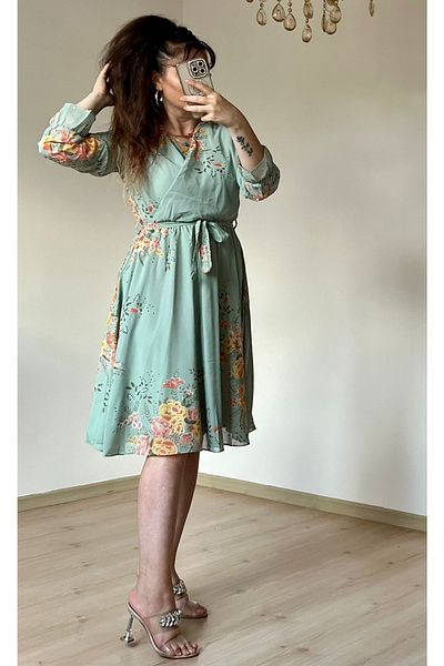 PARİS Rochie scurtă din șifon cu flori galbene -AQUA GREEN