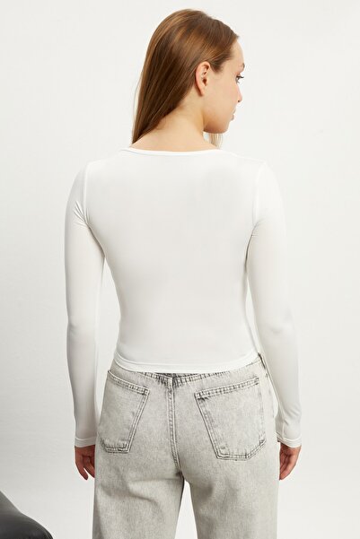 modavingo Women's Ecru Square Collar Double Layer Front Crop Badi