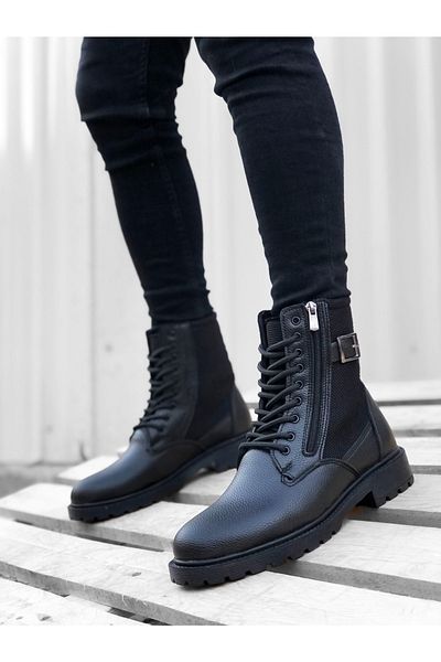 BA Moda Ba0218 St Cizme pentru bărbați, cu șireturi, cu fermoar, cu talpă înaltă, cu jumătate de gleznă, negre
