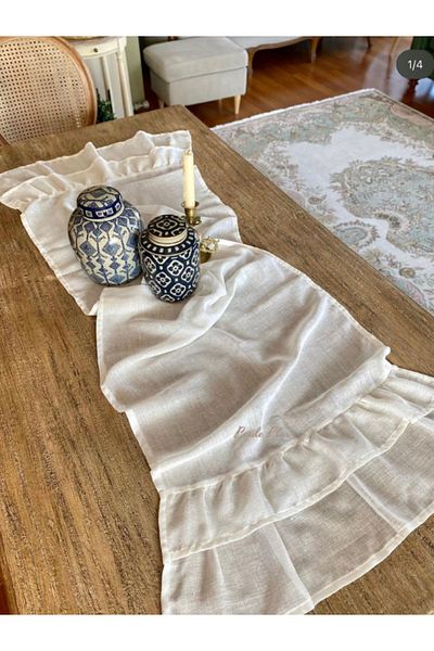 Perdeplus Linen Runner Decorative Frilly Plain Runner