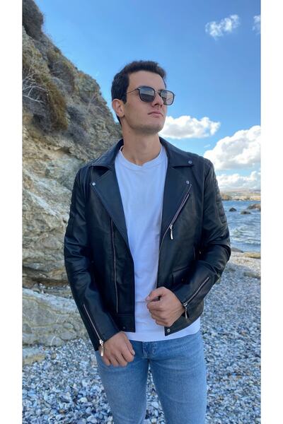Antilop Deri Siyah Erkek Biker Ceket