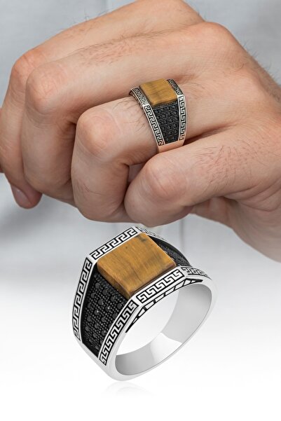 ALYANSEVİM Kare Grek Desenli Kaplan Gözü Taşlı 925 Gümüş Erkek Yüzük