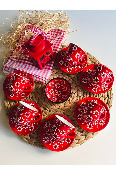 Den Tasarım Hediyelik Red Daisy Flower Coffee Cup Set and Bowl Mother's Day Special
