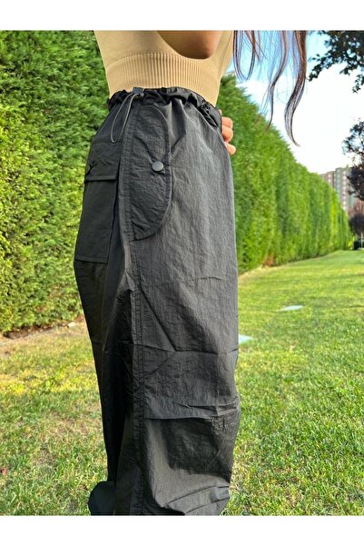 MAGZA Women's Black Parachute Jogger Loose Fit Waist Ankle Elastic Trousers