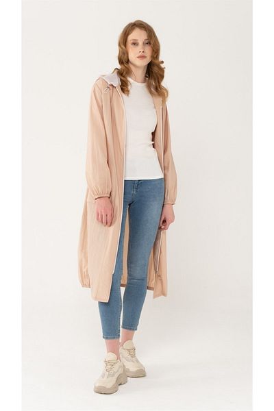 Olcay Wasserabweisender, ungefütterter Trenchcoat mit Kapuze und detailliertem Netzstoff in Beige, 6313