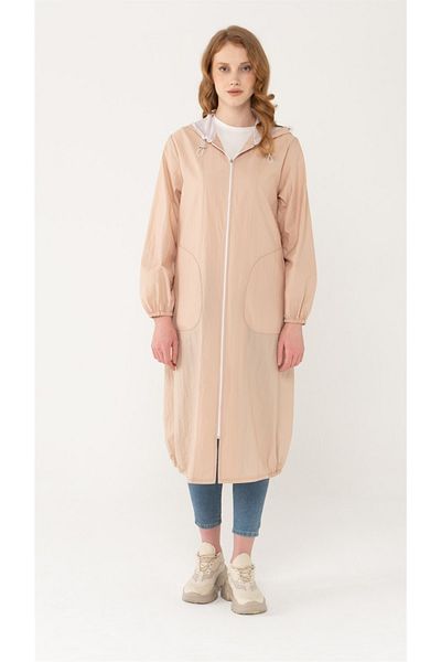 Olcay Wasserabweisender, ungefütterter Trenchcoat mit Kapuze und detailliertem Netzstoff in Beige, 6313