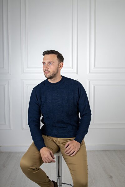 Sarar Interview Half Turtleneck Patterned Navy Blue Knitwear Sweater