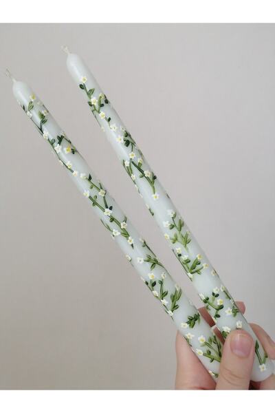 Strawcherry 2 Adet Mini Papatya Desenli El Çizimi Beyaz Şamdan Mumu