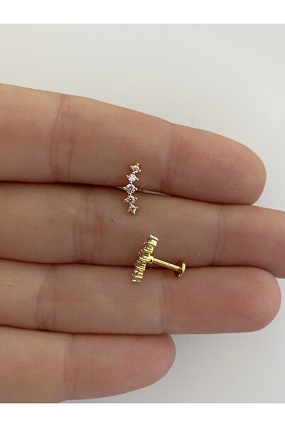 Arescollection Cerrahi Çelik Zirkon Taşlı Arkası Düz Labret Tragus Helix Lobe...