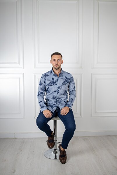 Sarar Інтерв'ю Tropik Desen Slim Fit Lacivert Gömlek