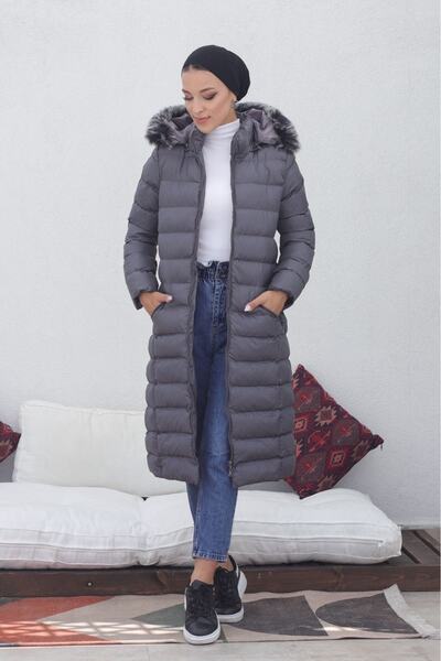 KMKkombin Dik Yakalı Kapişonlu Su Gecirmez Midi Mont Soft Kaban