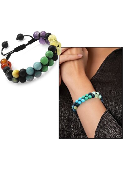 Tesbihane Çift Sıra Makrome Örgülü Küre Kesim Çakra Doğaltaş Kombinli Kadın Başarı Bilekliği