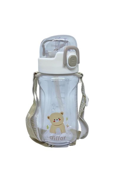 DILLER 550ml Animal Pattern Tritan Water Bottle with Straw and Strap (White)