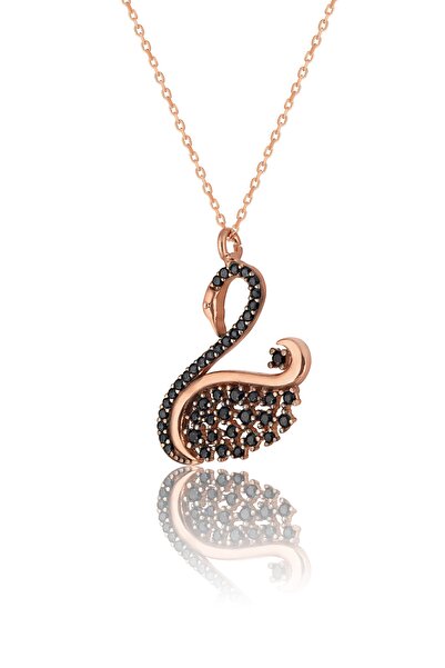 Zanaatsilver 925 Ayar Gümüş Siyah Taşlı Rose Kaplama Kuğu Modeli Kolye