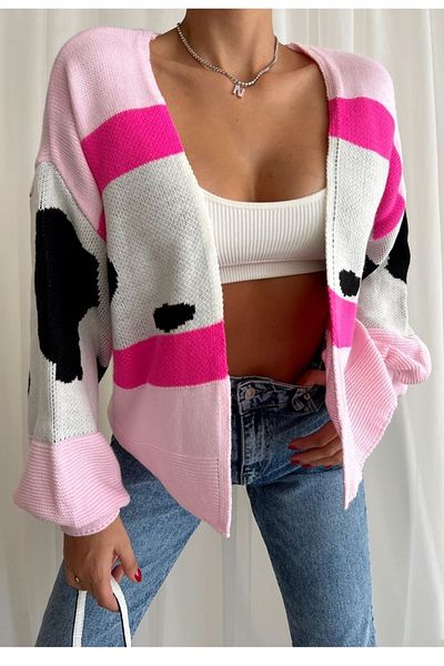 lovebox Women's Multi-Colored Balloon Sleeve Pink Knitwear Women's Cardigan 0145