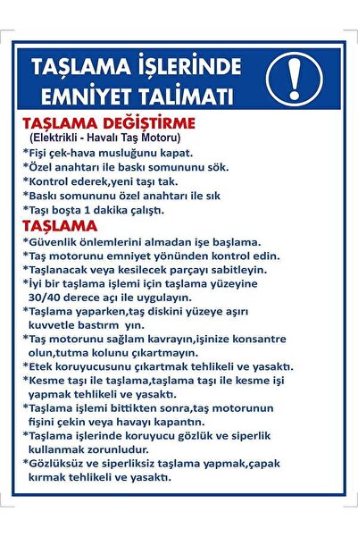 Emek İkaz Levhaları علامة تحذير/تحذير للتعليمات الخاصة بالسلامة في أعمال الطحن