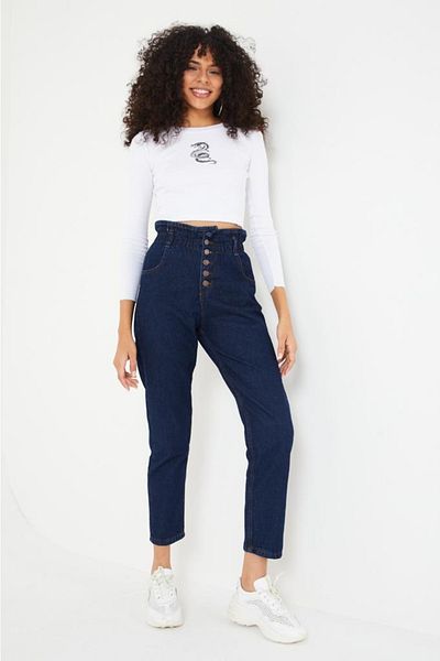 SHEVEGA Μπλε Navy High Waist Lycra με κουμπιά με λεπτομέρειες Mom Jean Jean