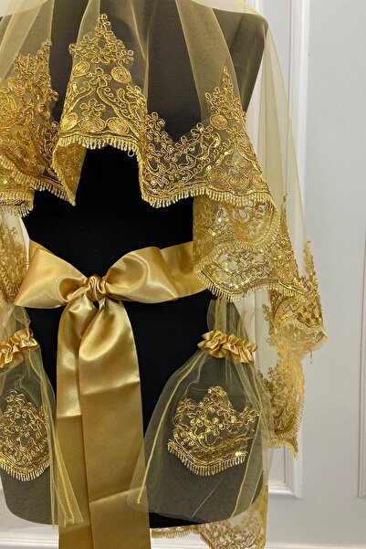 ZEYMERADE Gold Işıl Işıl Güpürlü Gelin Kına Duvağı Seti Düğün Kına Gecesi Yüz...